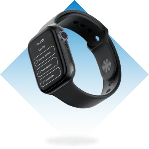 Smartwatch flutuando sobre um fundo azul, exibindo a tela de um aplicativo feito sob medida.